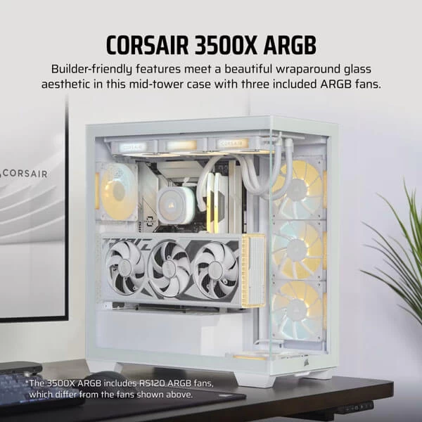 Corsair 3500X ARGB White Mid-Tower E-ATX Gaming Cabinet with tempered Glass Side Panel