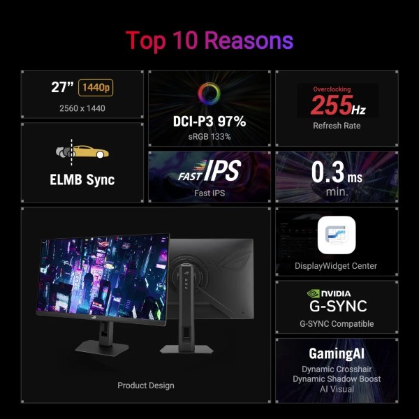 ASUS ROG Strix XG27ACMES 27-inch 2K 255hz (OC) 0.3ms Fast IPS Gaming Monitor With ELMB and Type-C