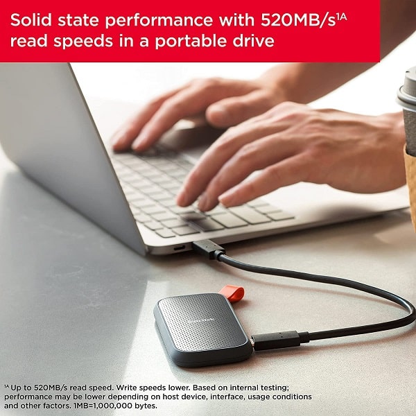 Sandisk E30 2TB Portable SSD with Type-C to Type-A Cable, Up to 520MB/s Speed and Rugged Cover Up to 2 Meter Drop Protection