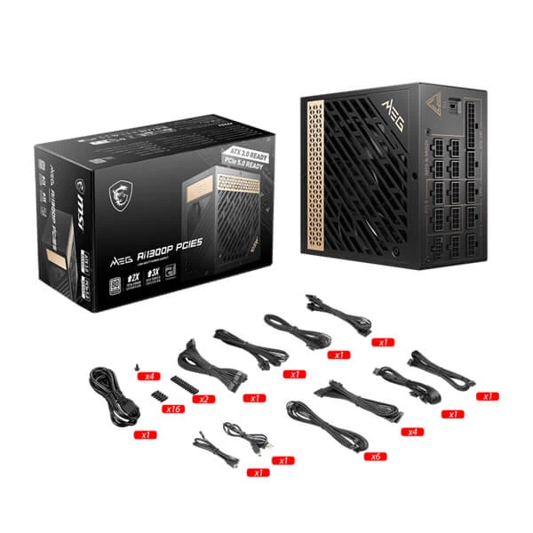 MSI MEG AI1300P 1300 Watt 80 Plus Platinum Certified PCIe Gen5 Power Supply with ATX 3.0 12VHPWR Cable