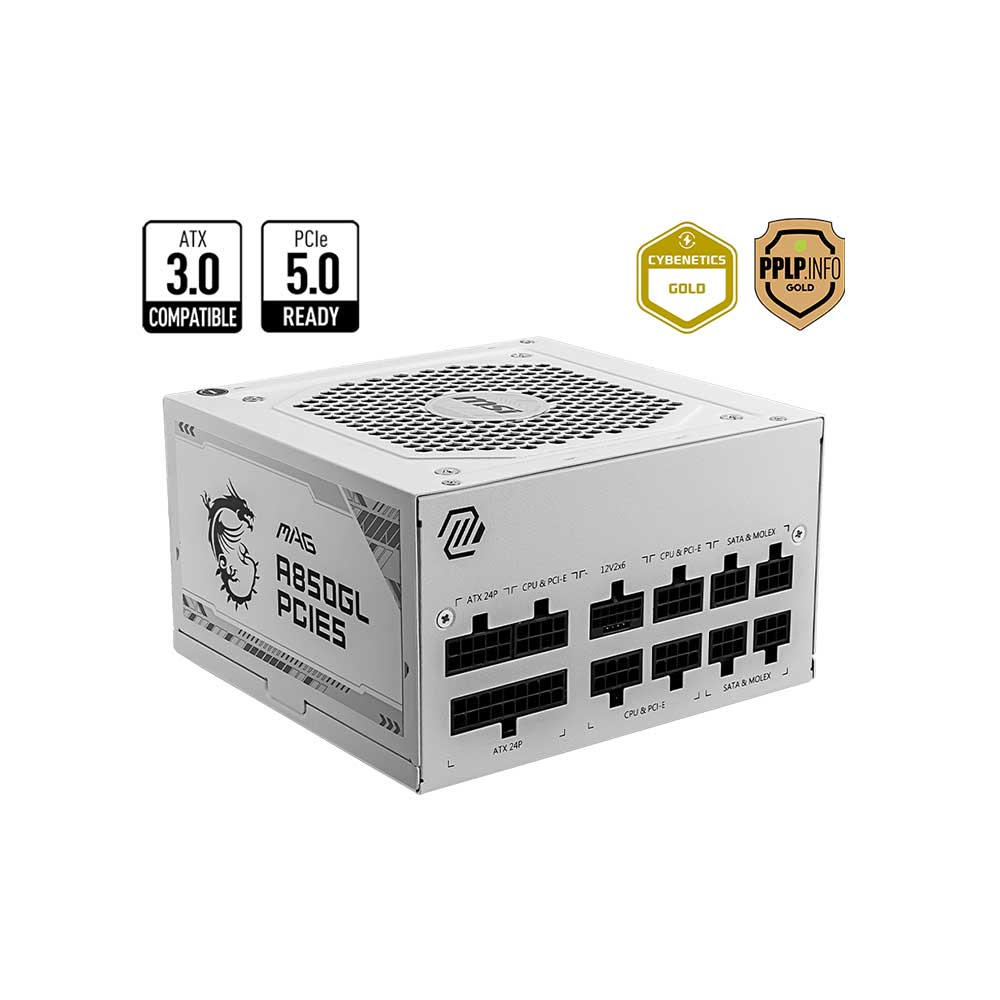 MSI MAG A850GL White PCIe5 850 Watt ATX 3.1 80 Plus Gold Certified Power Supply