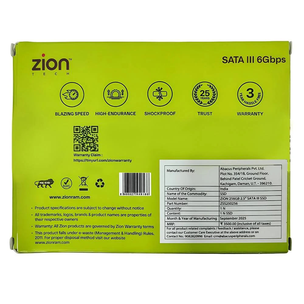 Zion 256GB 2.5 Inch Internal Sata SSD