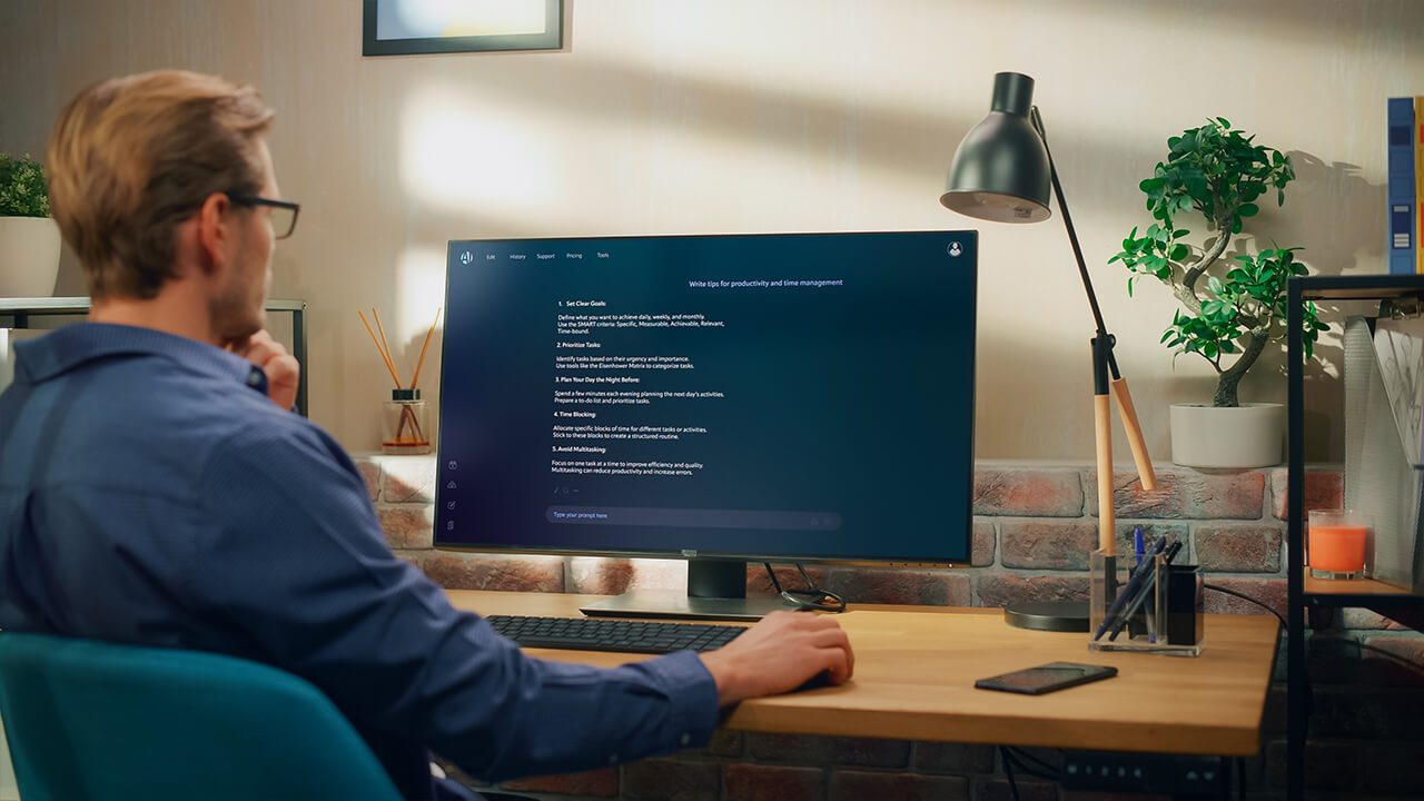 Person using a desktop computer for local AI workflows