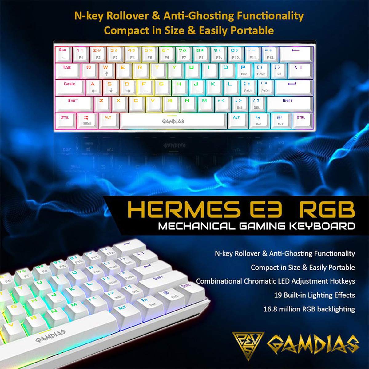 Gamdias Hermes E3 RGB Wired 60 Keys Mechanical Keyboard with Red Switch (White)