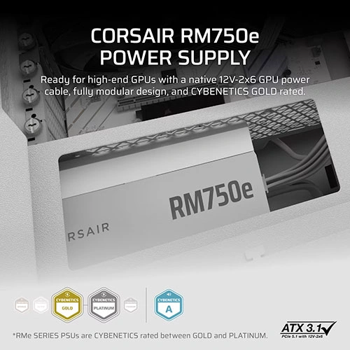 Corsair RM750e 750 Watt ATX 3.1 Gold Certification Fully Modular Power Supply  WHITE