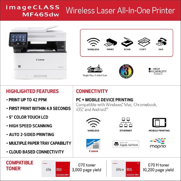 Canon ImageClass MF465DW All In One Laserjet Wireless Monochrome Printer