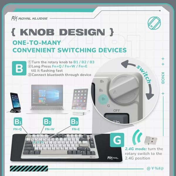 Royal Kludge RK H81 White Night (Blue Switch) Mechanical Wireless Gaming Keyboard