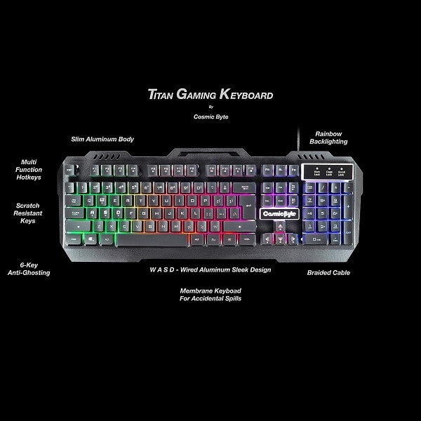 Cosmic Byte CB-GK-05 Titan Rainbow Backlit Membrane Keyboard with Braided Wired Cable (Black)