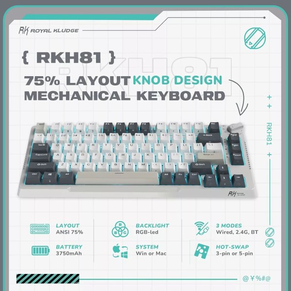Royal Kludge RK H81 White Night (Sky Cyan Switch) Mechanical Wireless Gaming Keyboard