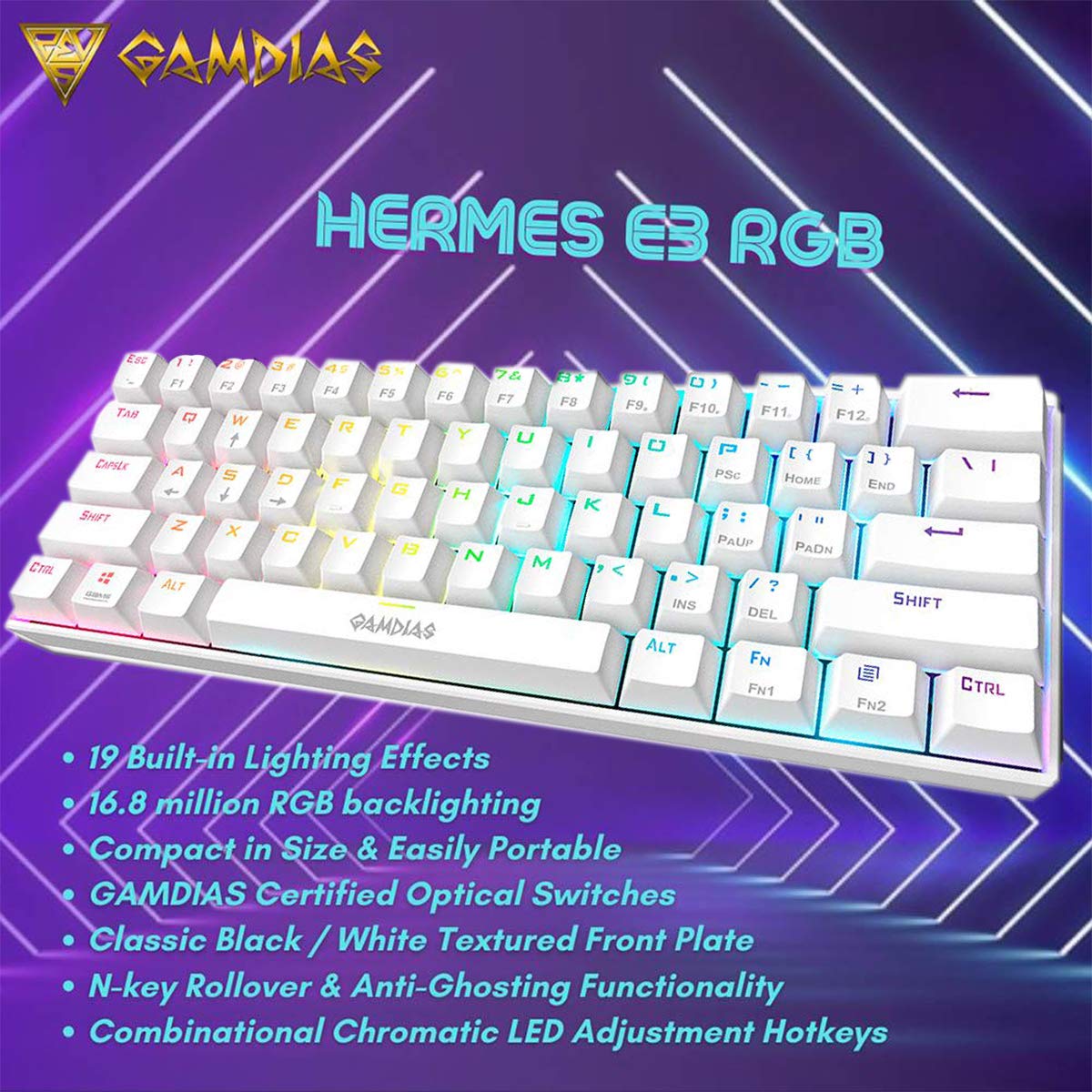 Gamdias Hermes E3 RGB Wired 60 Keys Mechanical Keyboard with Red Switch (White)
