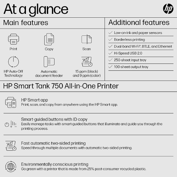HP Smart Tank 750 Multi Function Duplex Wi-Fi Printer with Auto Ink and Paper Sensor