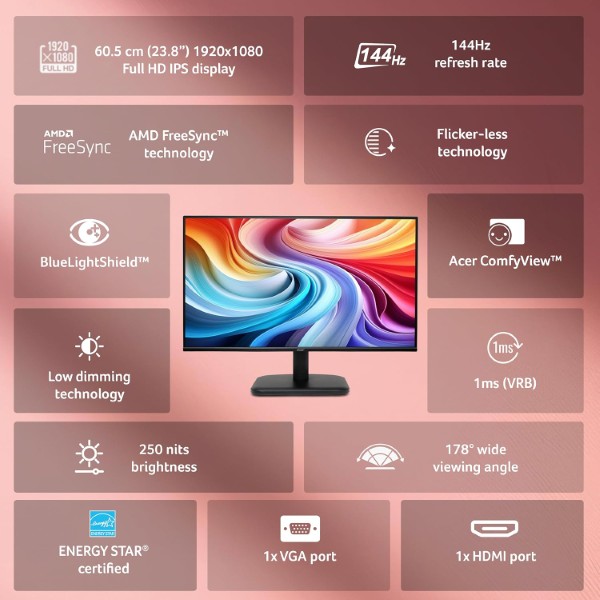 Acer EK240Y P6 24-inch FHD 144hz 1ms IPS Panel bezel less Monitor
