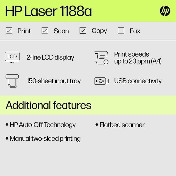 HP Laser MFP 1188a Multifunction Monochrome Printer for Print, Scan, and Copy