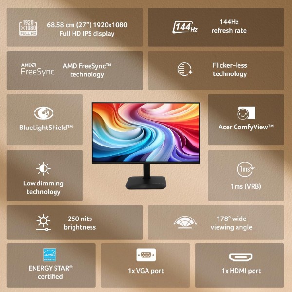 Acer KA270 P6 27-inch FHD 144hz 1ms IPS Panel Monitor