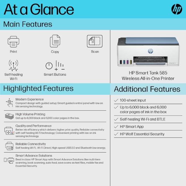 HP Smart Tank 585 Multi Function Wi-Fi Printer for Business and Home (Print, Scan, Copy)