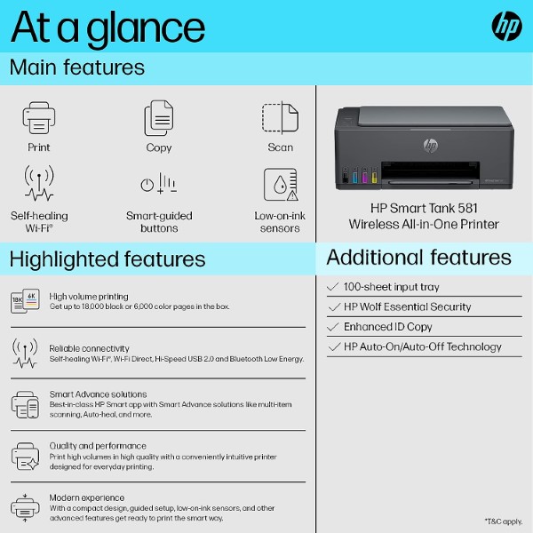 HP Smart Tank 581 Multi Function Wi-Fi Printer for Business and Home (Print, Scan, Copy)