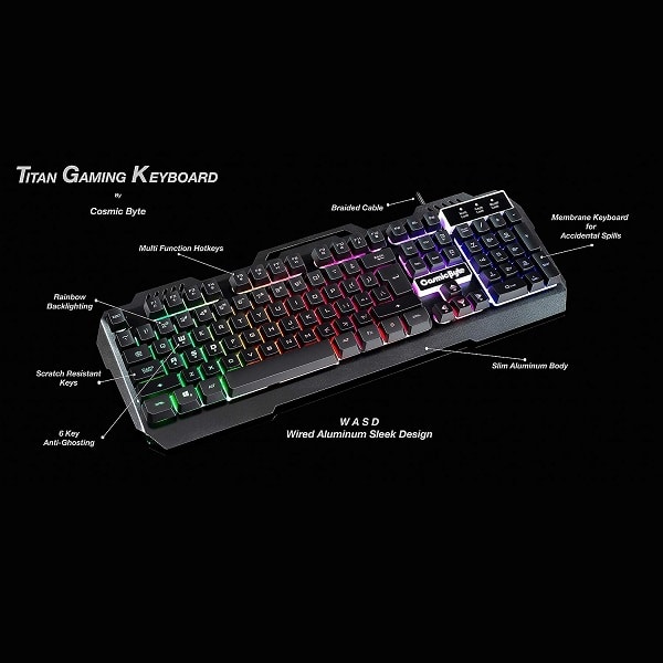 Cosmic Byte CB-GK-05 Titan Rainbow Backlit Membrane Keyboard with Braided Wired Cable (Black)