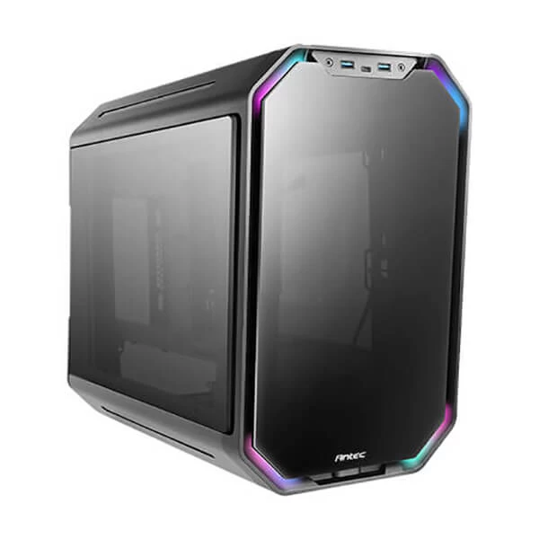 Antec Dark Cube M-ATX mini tower cabinet with tempered glass side panel and LED controller.